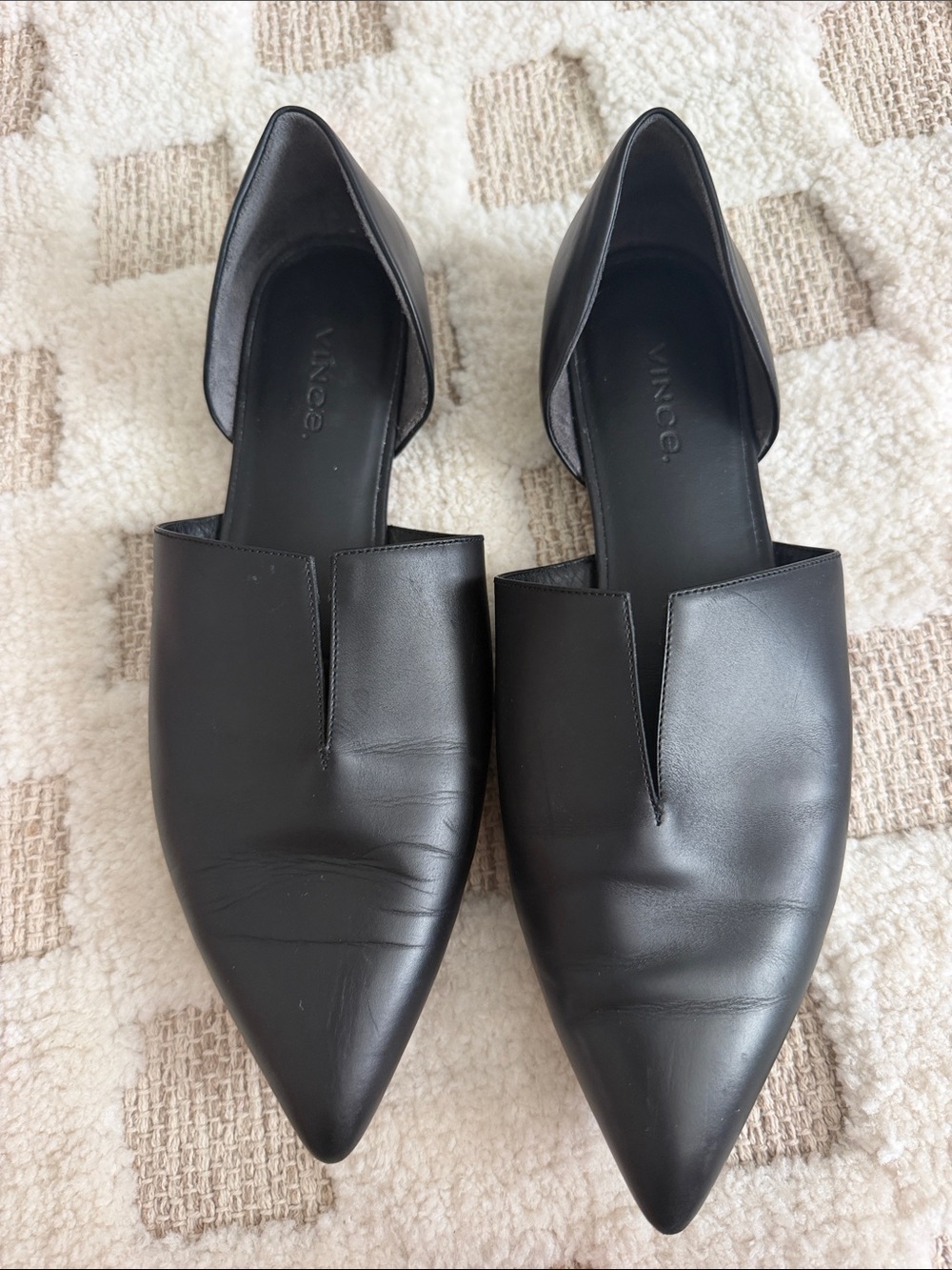 Vince Black Pointed D'Orsay Leather Slip-On Flats